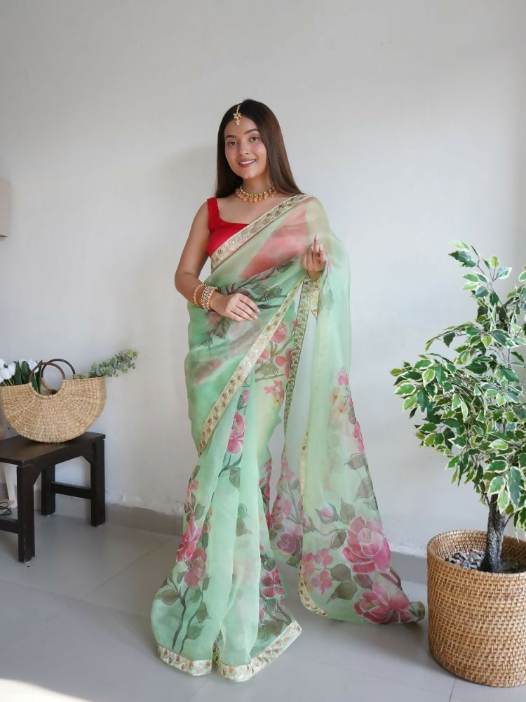 Vamsee Nilam Green Organza Saree