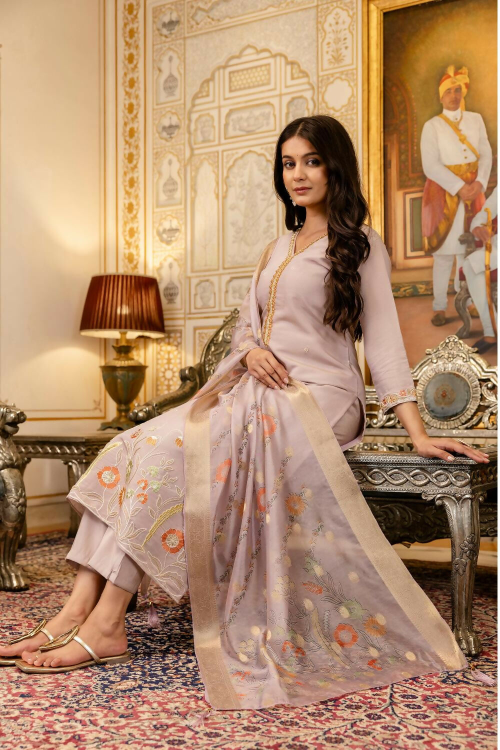 The52 Lavender Women's Beautiful Viscose Shimmer Fabric Embroidered Work Straight Kurta Pant and Dupatta Set