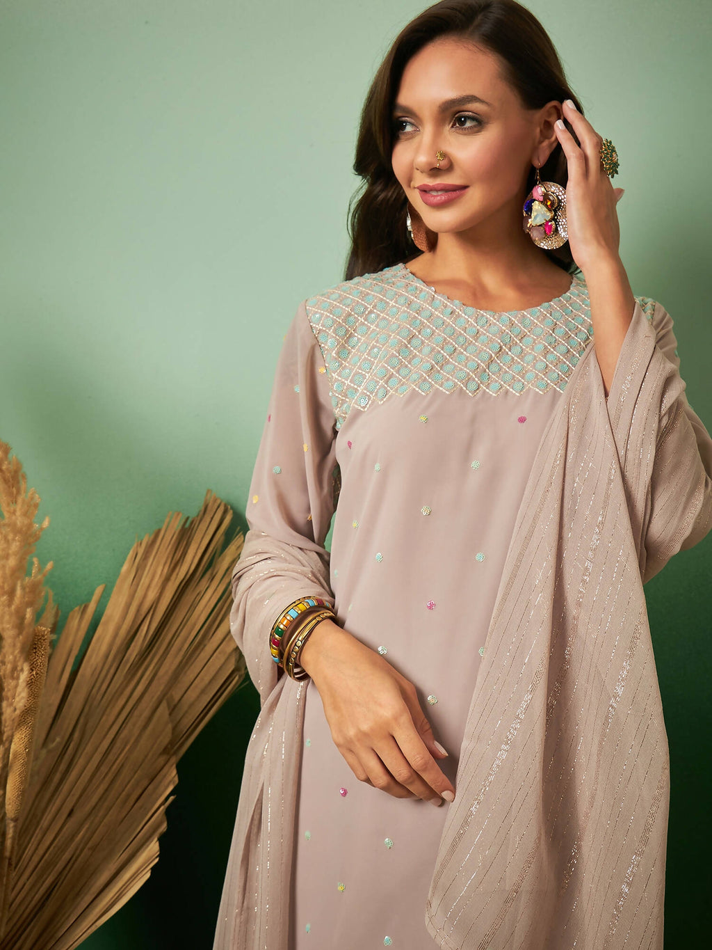 Light Brown Georgette Handwork Unstitched Dress Material - Hanika