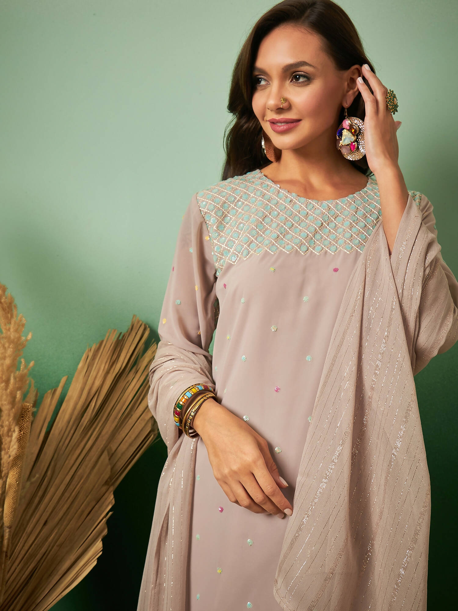 Light Brown Georgette Handwork Unstitched Dress Material - Hanika