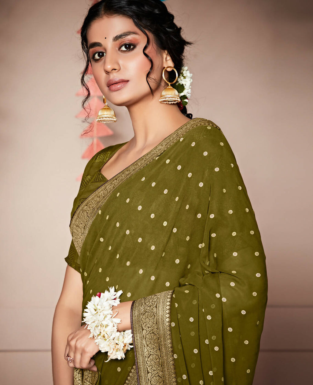 Green Georgette Foil Printed Saree With Unstitched Blouse Piece - Nitya