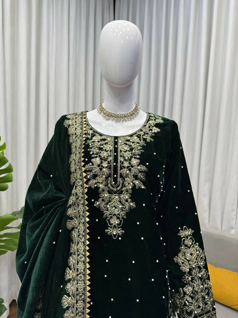 Vastranavya Green Viscose Velvet Cording Sequence With Moti Work Top-Bottom With Dupatta