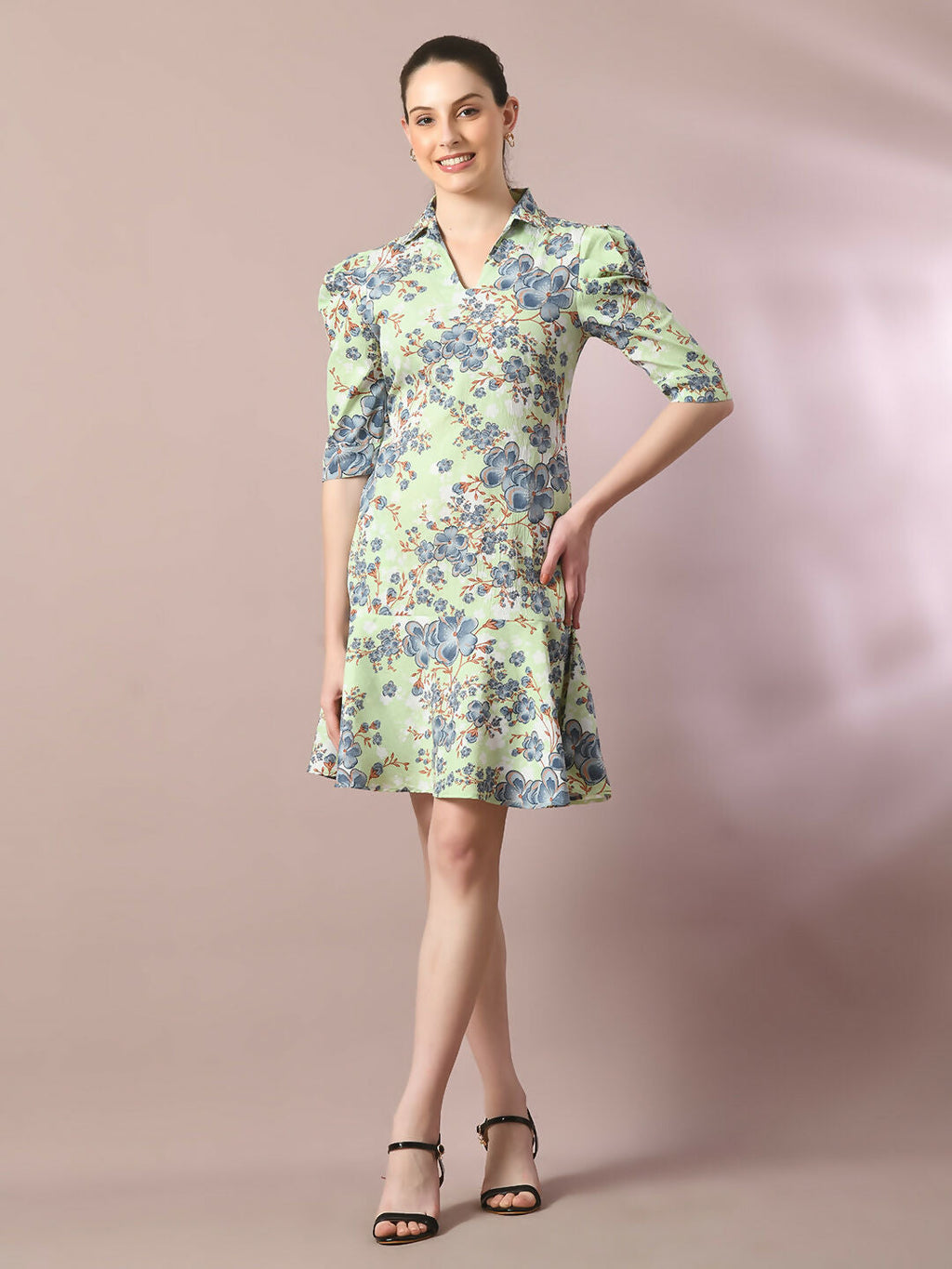 Myshka Women's Green Printed Shirt Collar Fit and Flare Party Dress