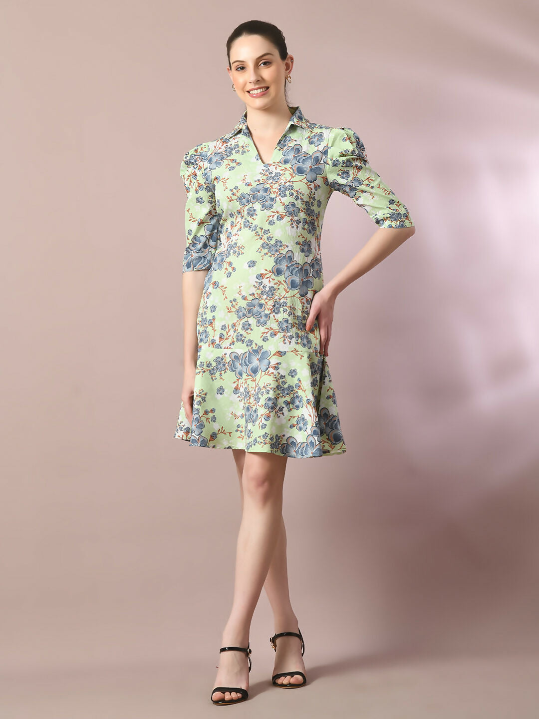 Myshka Women's Green Printed Shirt Collar Fit and Flare Party Dress