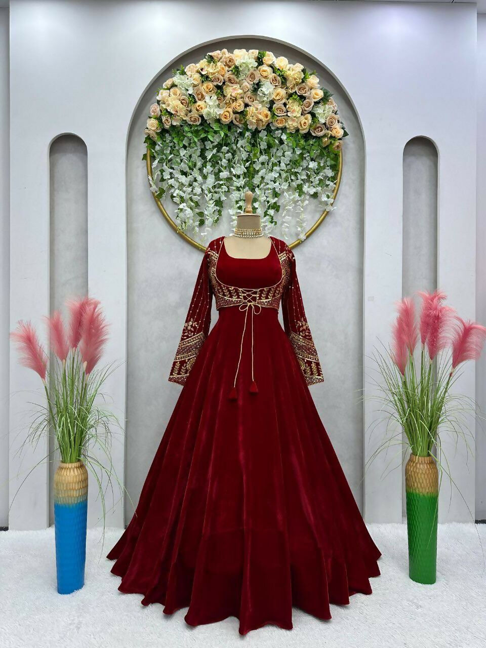 Vastranavya Maroon Velvet Thread With Sequence Work Gown With Koti