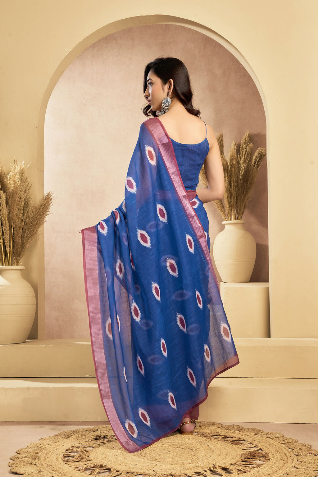 Vastranavya Blue Digital Printed Linen Ready To Wear Pocket Saree with Unstitched Blouse