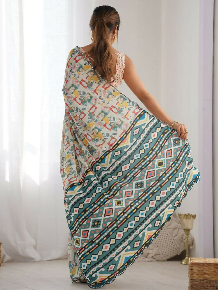 PR Fashion White Multi Georgette Digital Print With Mirror Work Saree