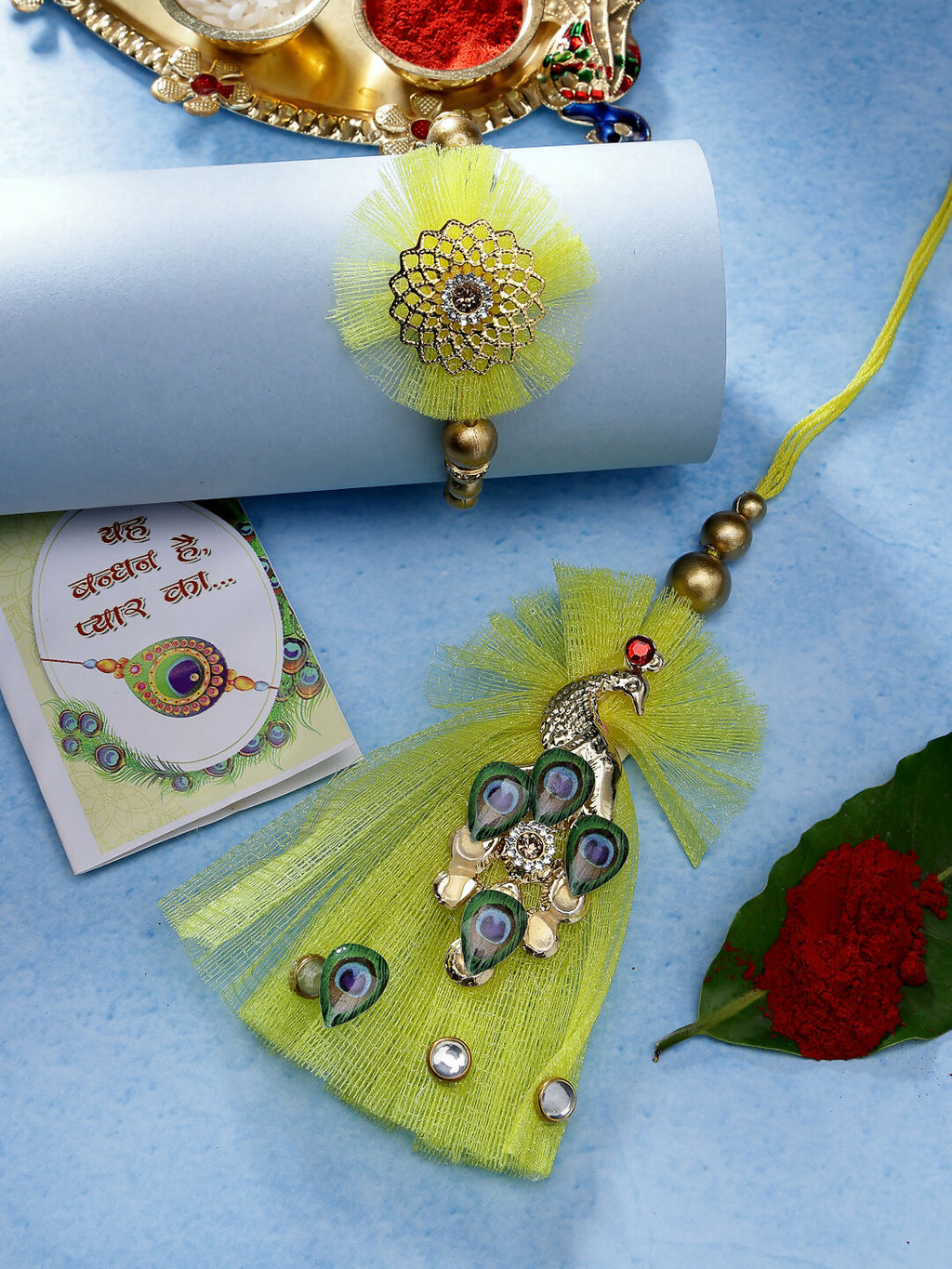 NVR Women & Men Set of 2 Yellow Peacock Design Bhaiya Bhabhi Rakhi With Roli Chawal & Chocolate