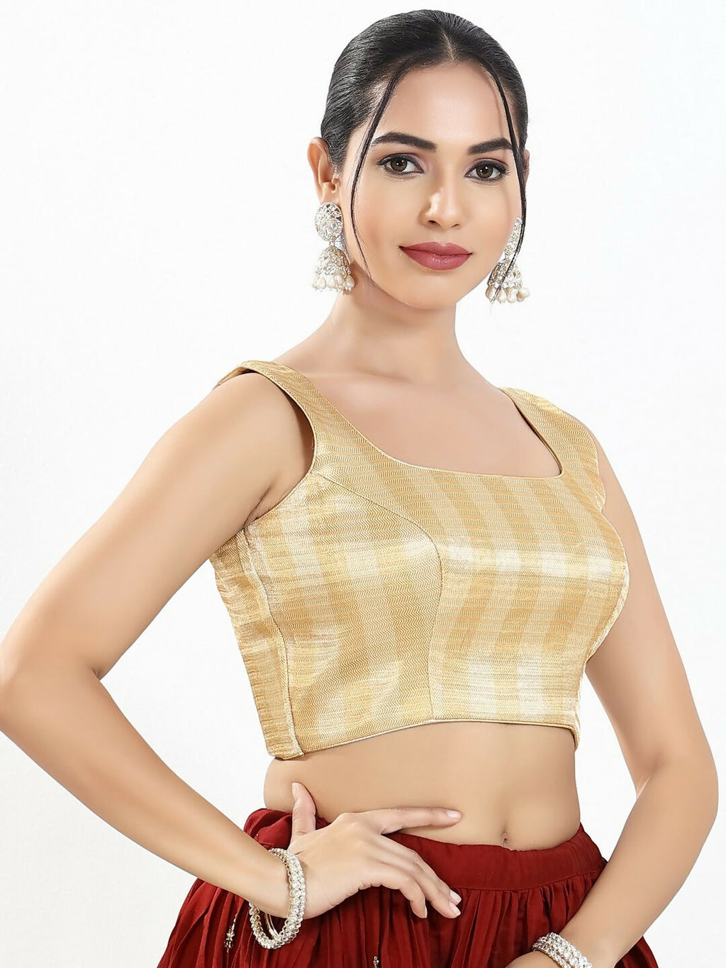 Joban Fashion Gold Multi Brocade Padded Blouse With Square Neck Sleeveless