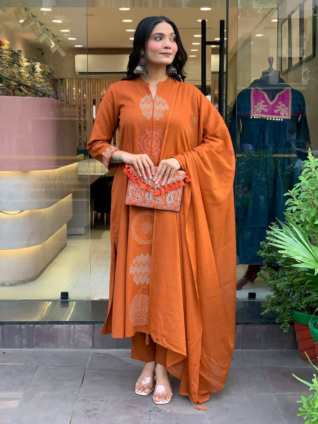 The52 Orange Women's Gorgeous Chanderi Fabric Embroidered Work Straight Kurta Pant and Dupatta Set