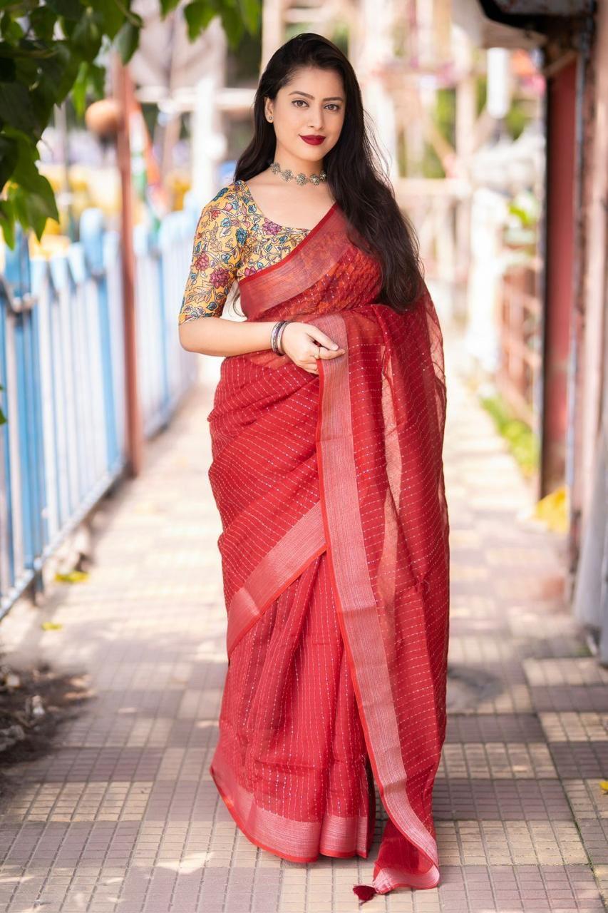 Red Linen Sequence Saree with Unstitched Blouse - Hiral Fashion