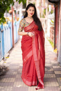 Red Linen Sequence Saree with Unstitched Blouse - Hiral Fashion