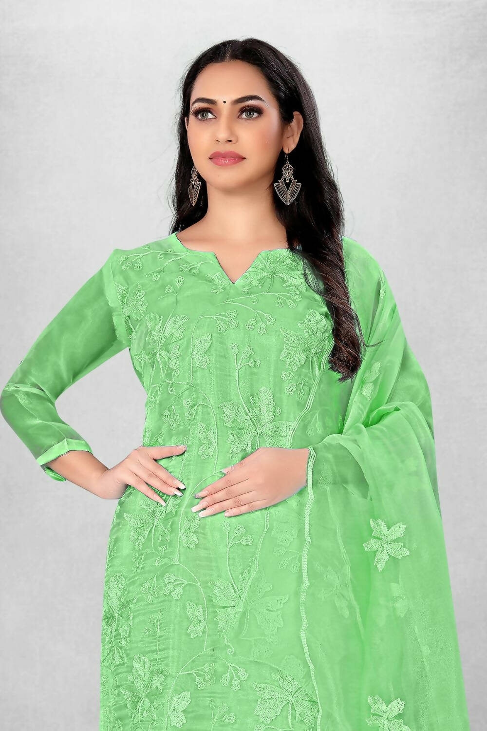 Green Heavy Organza Silk Embroidered Unstitched Dress Material - Amara
