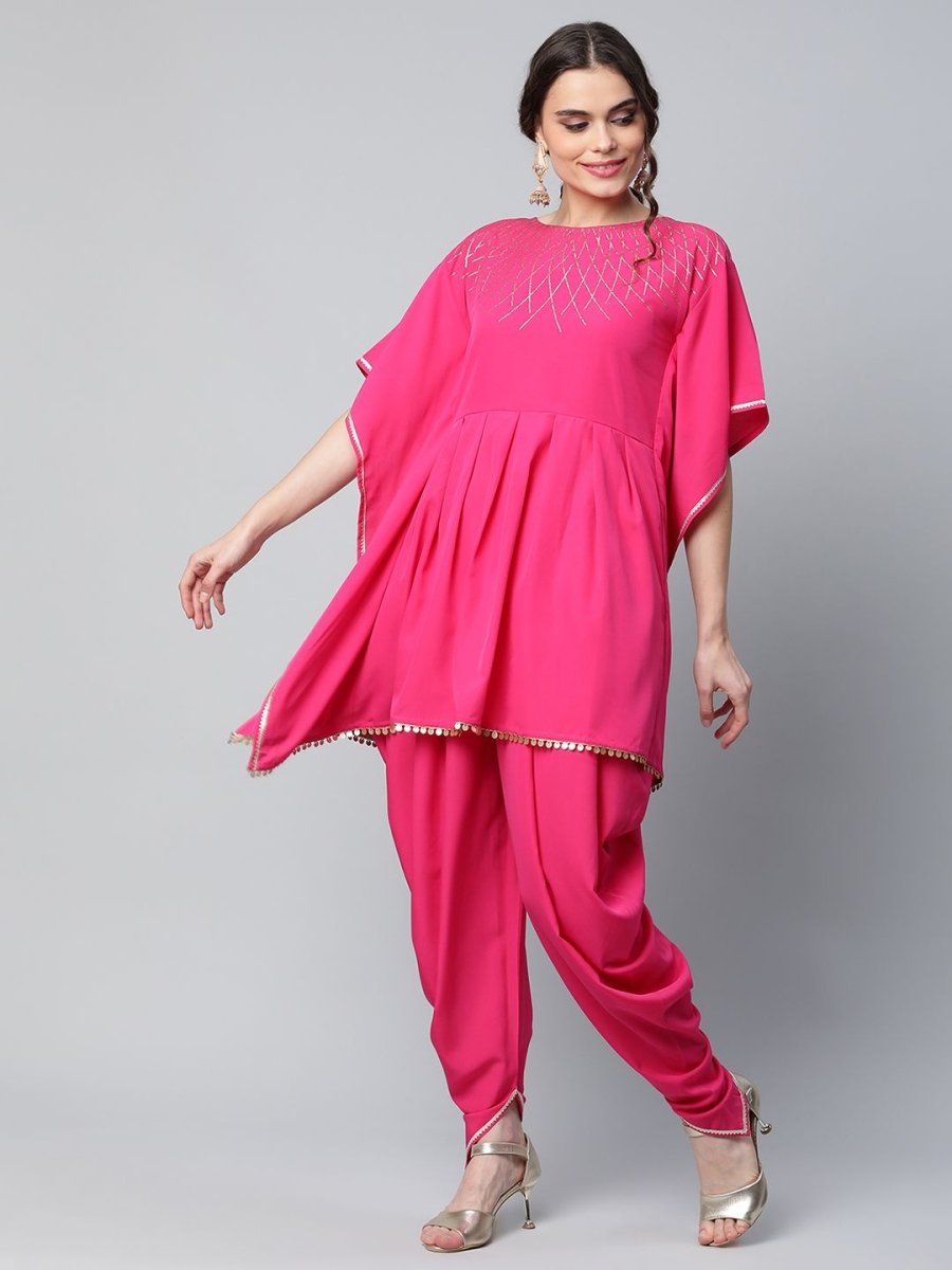 Ahalyaa Women Pink Crepe Glitter Printed Kurta with Dhoti Pants