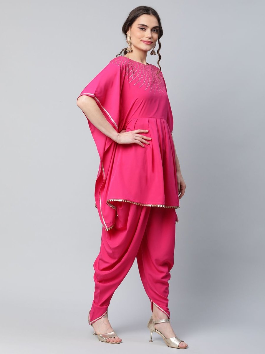 Ahalyaa Women Pink Crepe Glitter Printed Kurta with Dhoti Pants