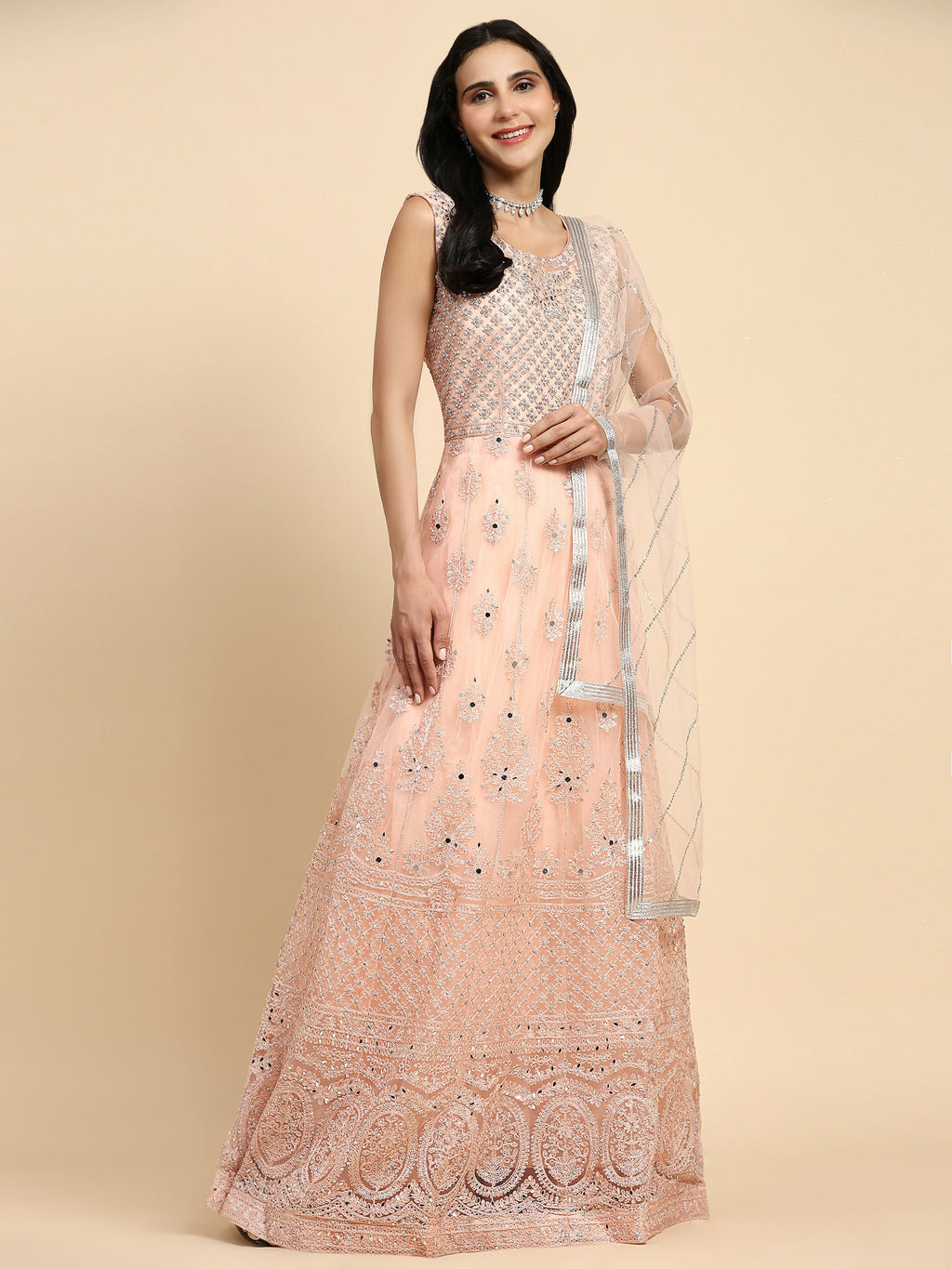 Peach Net Hand Embroidered Gown - Rudrani