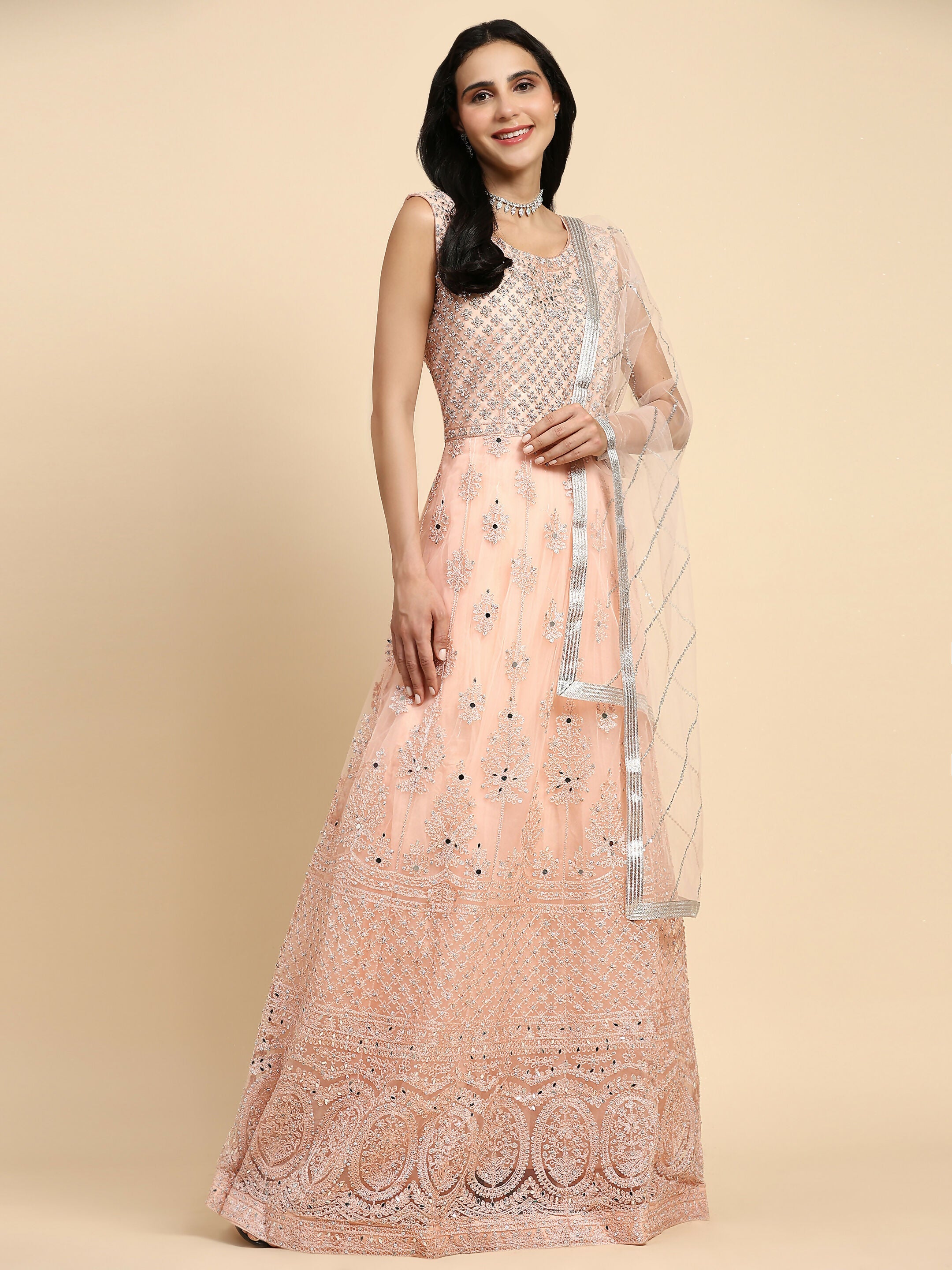 Peach Net Hand Embroidered Gown - Rudrani