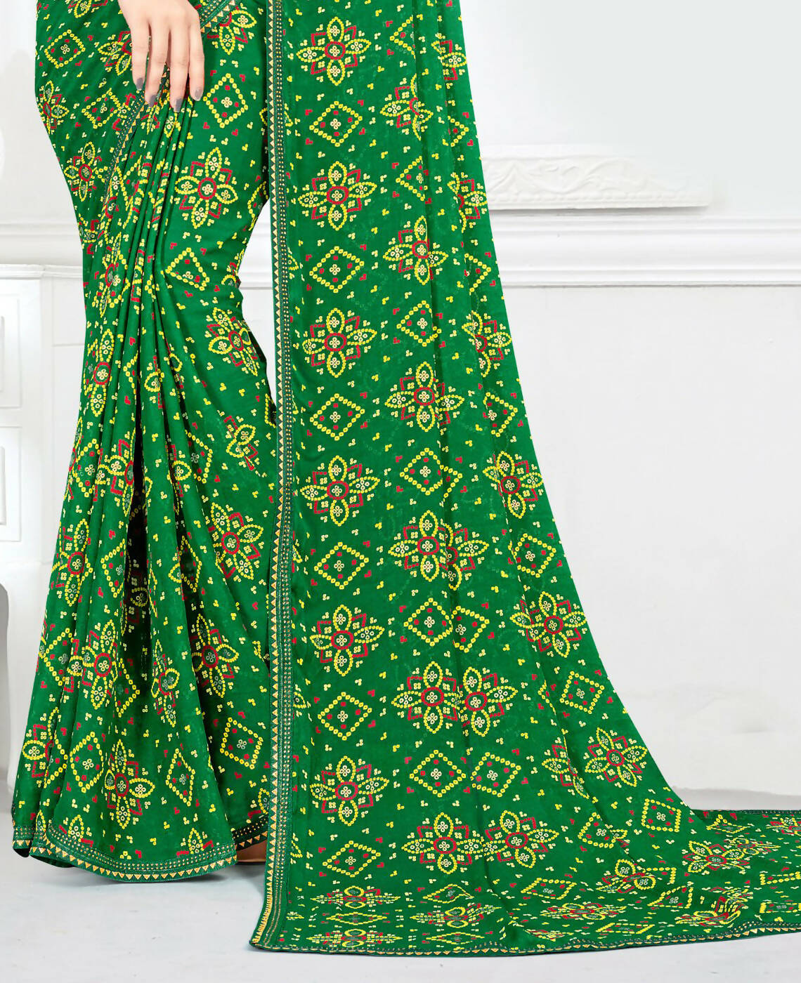 Green Georgette Bandhani Printed Saree With Unstitched Blouse Piece - Jyoti