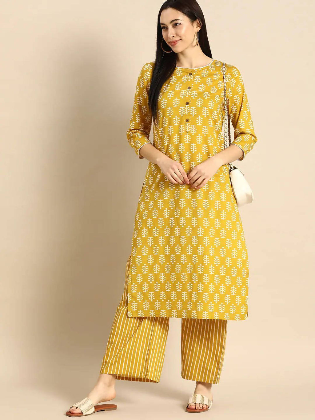 Vamika Printed Cotton Yellow Party Wear/Casual Wear Kurta Set/Suit