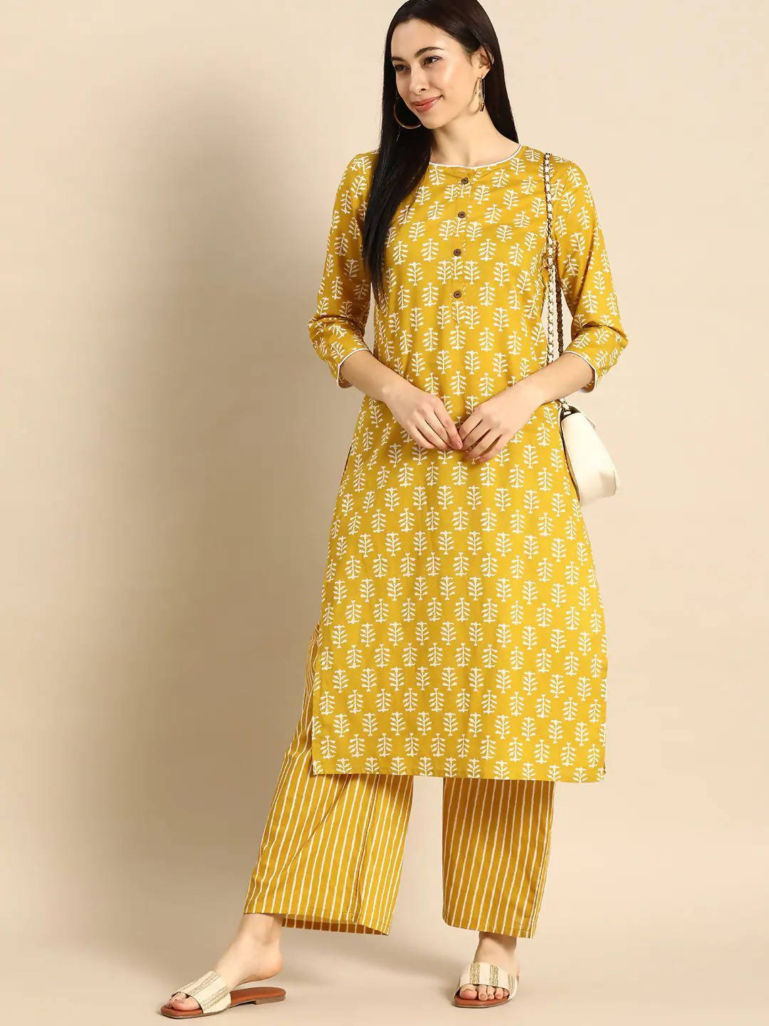 Vamika Printed Cotton Yellow Party Wear/Casual Wear Kurta Set/Suit