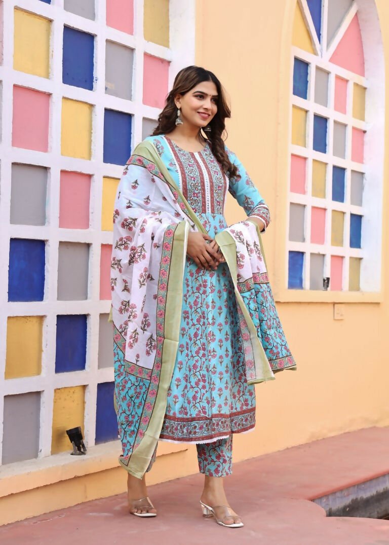 Alvano Printed Anarkali Kurti with Pant and Dupatta Set for Women's and Girls Rayon
