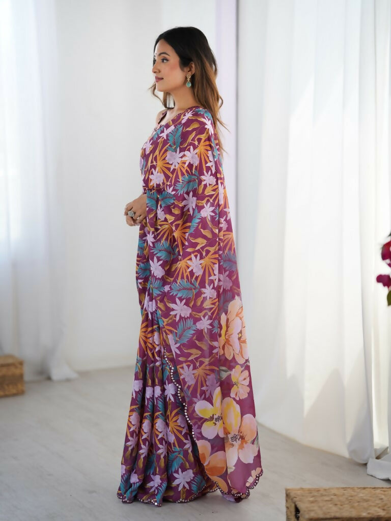 Wine Chinon Designer Digital Printed,Mirror Cut Work Saree - Elayna