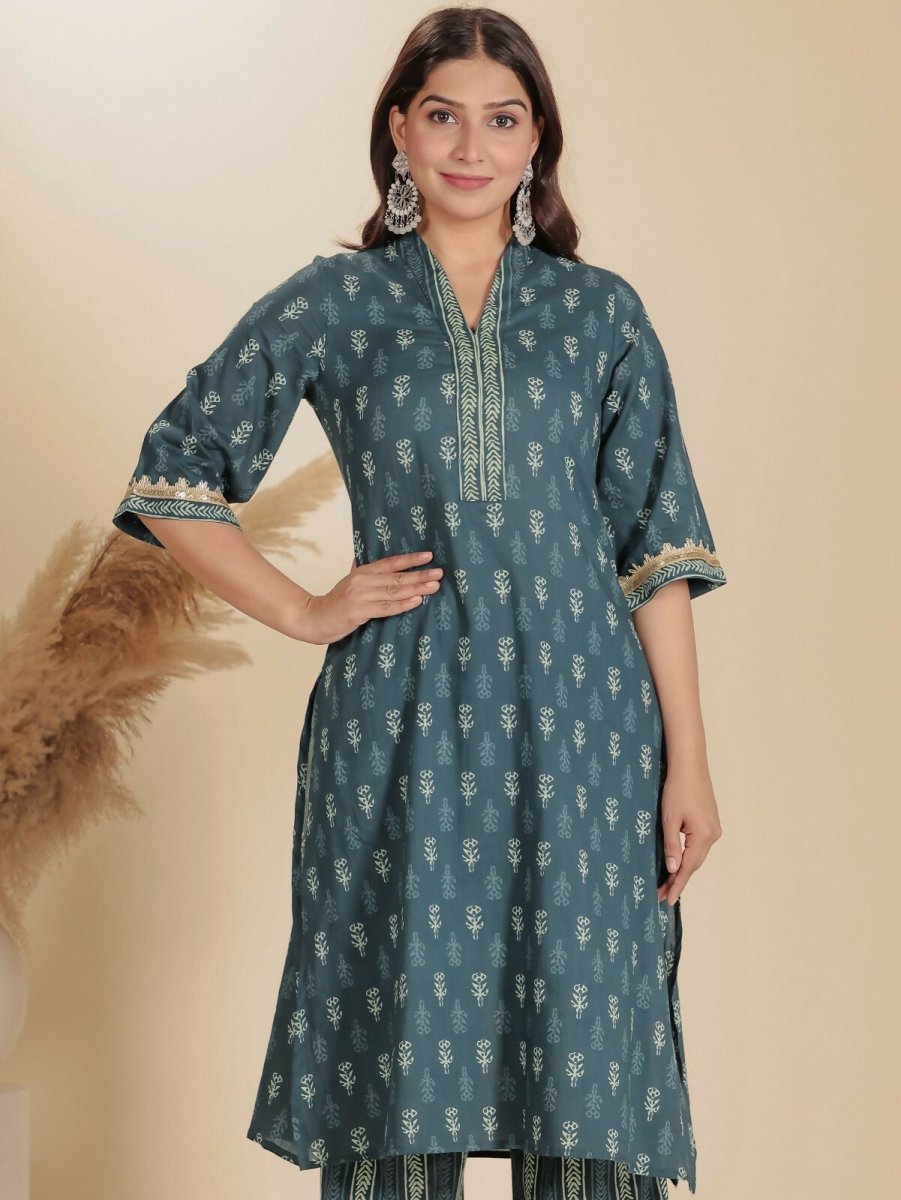 Aramya Blue Soft Cotton Block Straight Kurta for Women