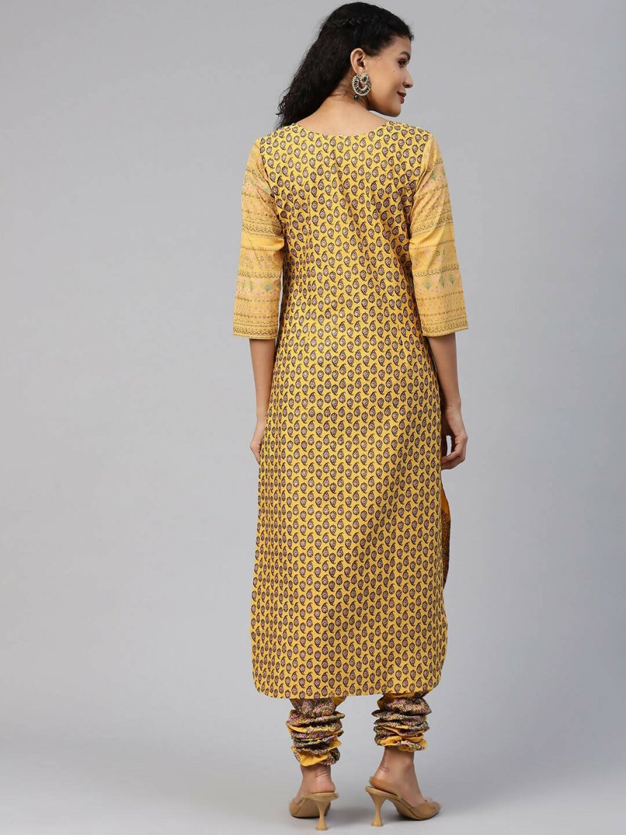 Ahalyaa Women Mustard Crepe Printed Kurta Churidar Set