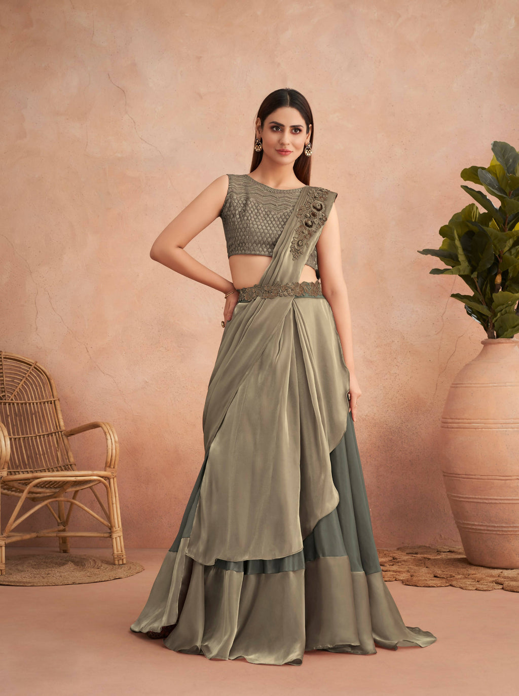 Green Satin Embroidered Ready To Wear Saree With Unstitched Blouse Piece - Nandika