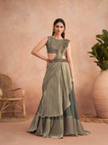 Green Satin Embroidered Ready To Wear Saree With Unstitched Blouse Piece - Nandika