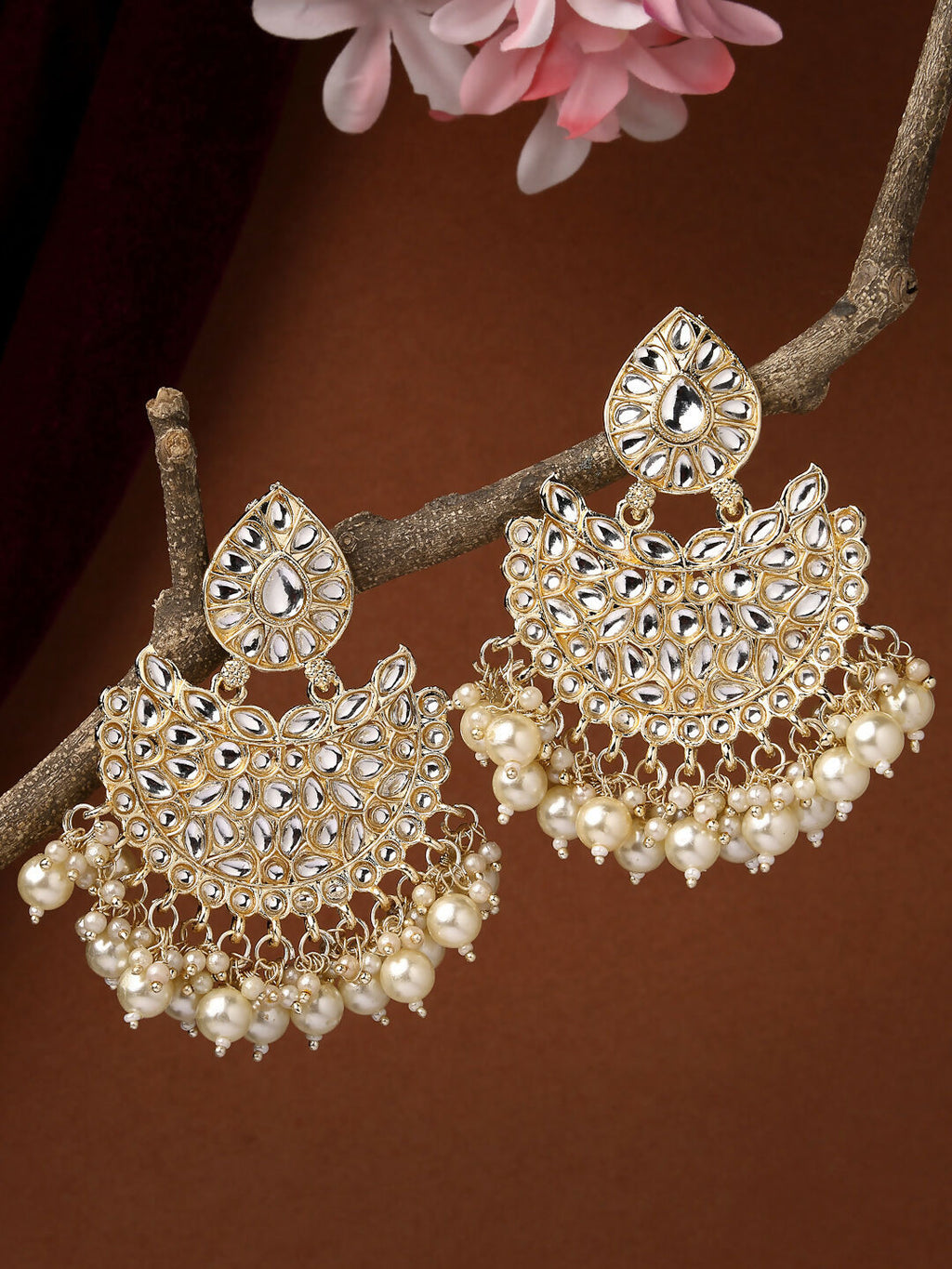NVR Women Gold-Polished Kundan Chandbali Earrings