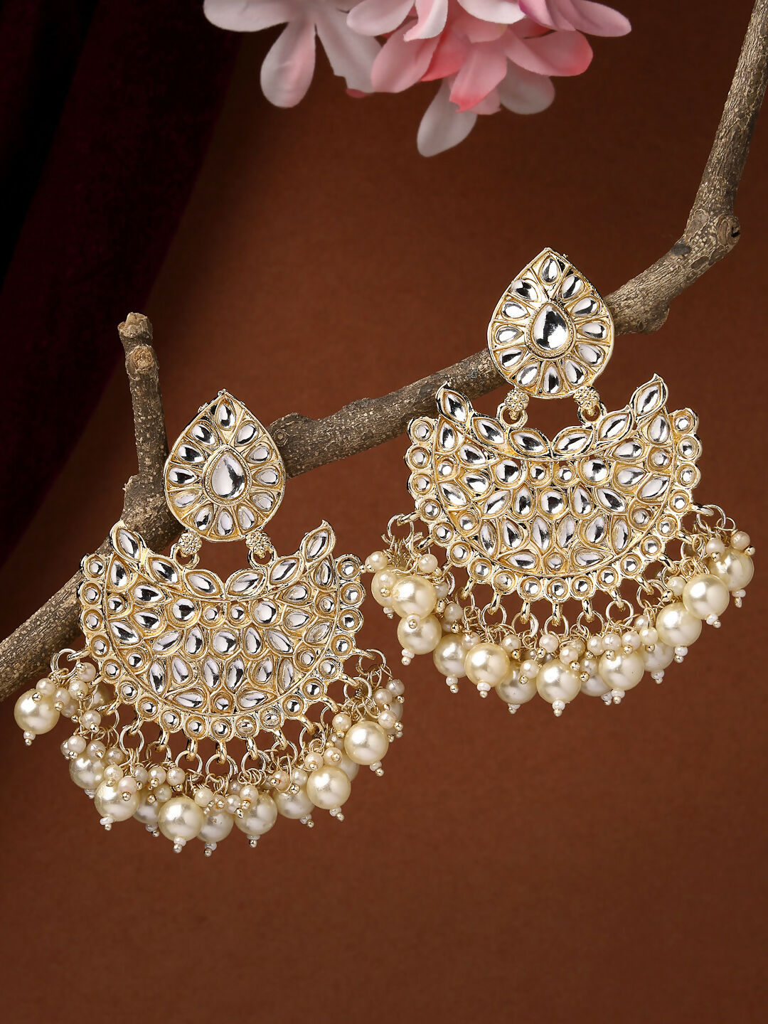 NVR Women Gold-Polished Kundan Chandbali Earrings