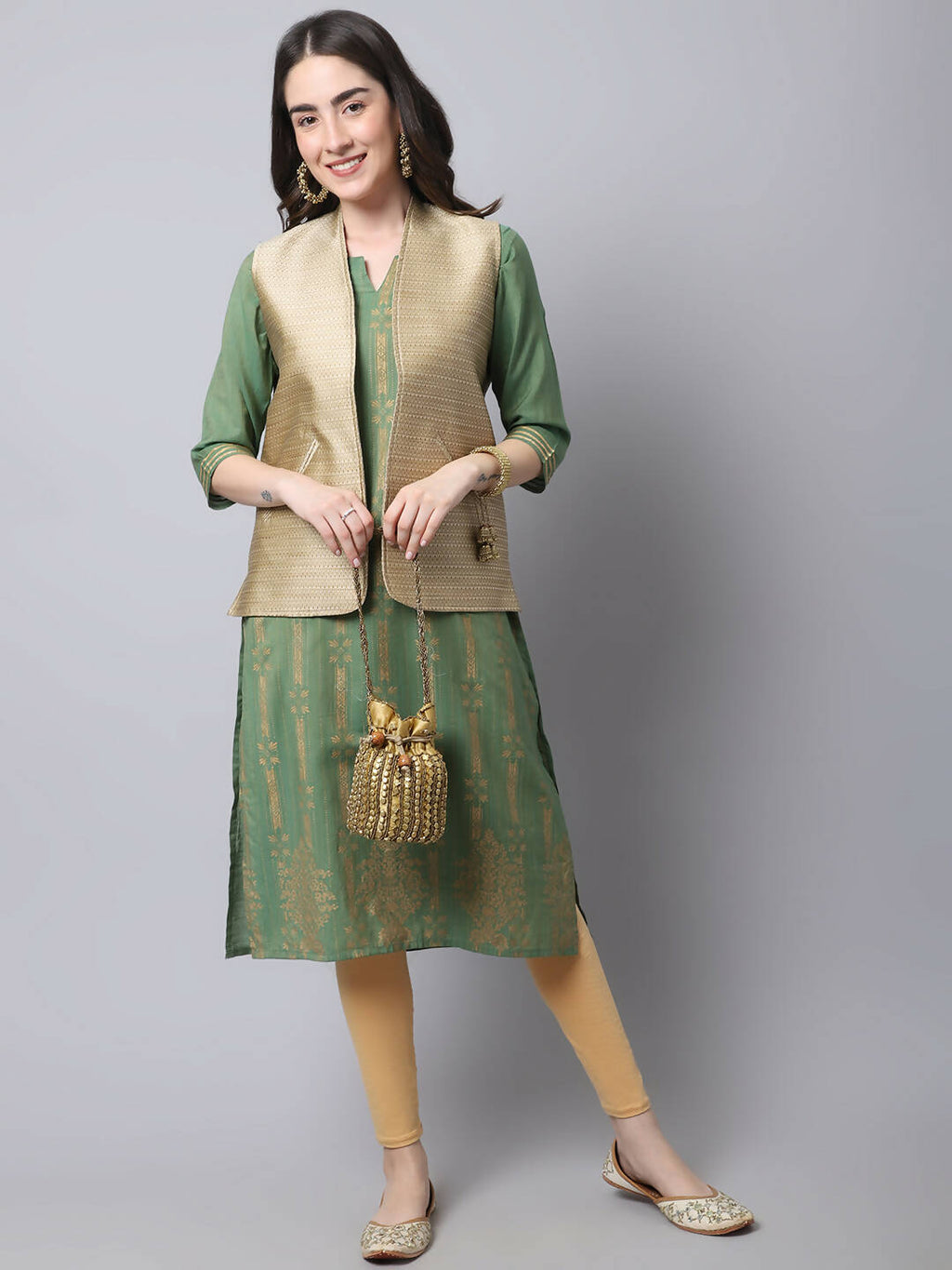 Even Apparels Beige Bansari Silk Open Front Gillet