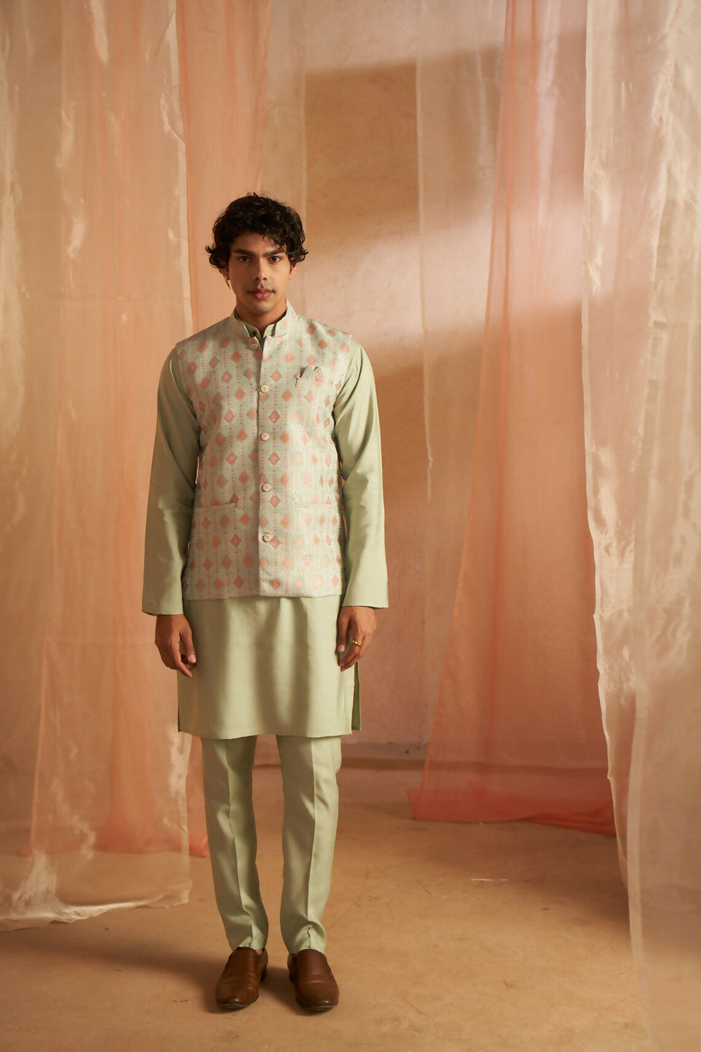 Pista Viscose Designer Printed Men's Kurta Set with Koti - Mahotsav