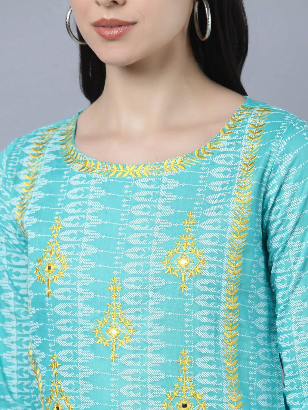 Myshka Women Turquoise Blue Layered Pure Cotton Kurti with Trousers With Dupatta Set
