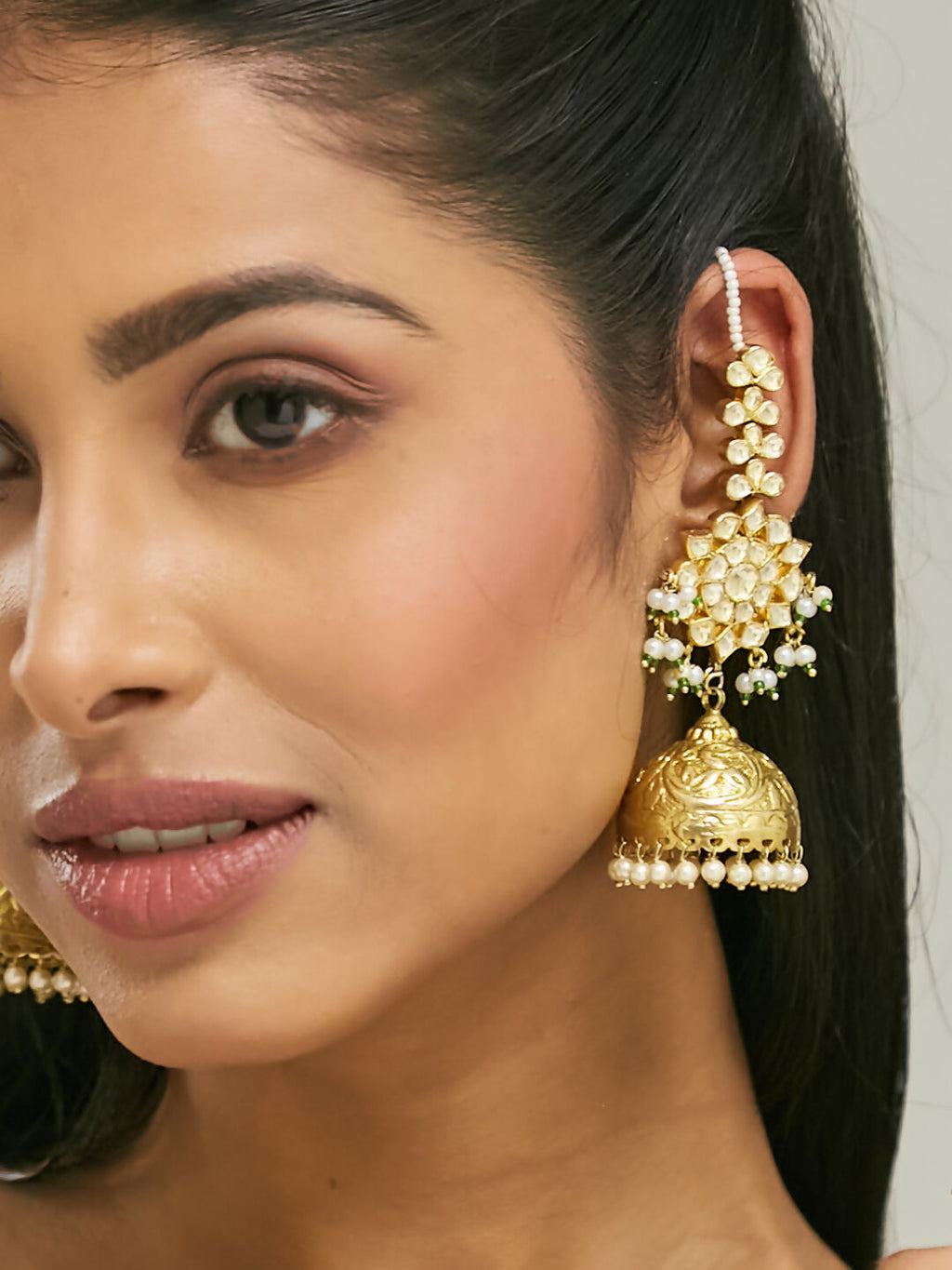 Nuyug 22K Gold-Plated Floral Jhumki Kundan Studded Kanauti Earrings