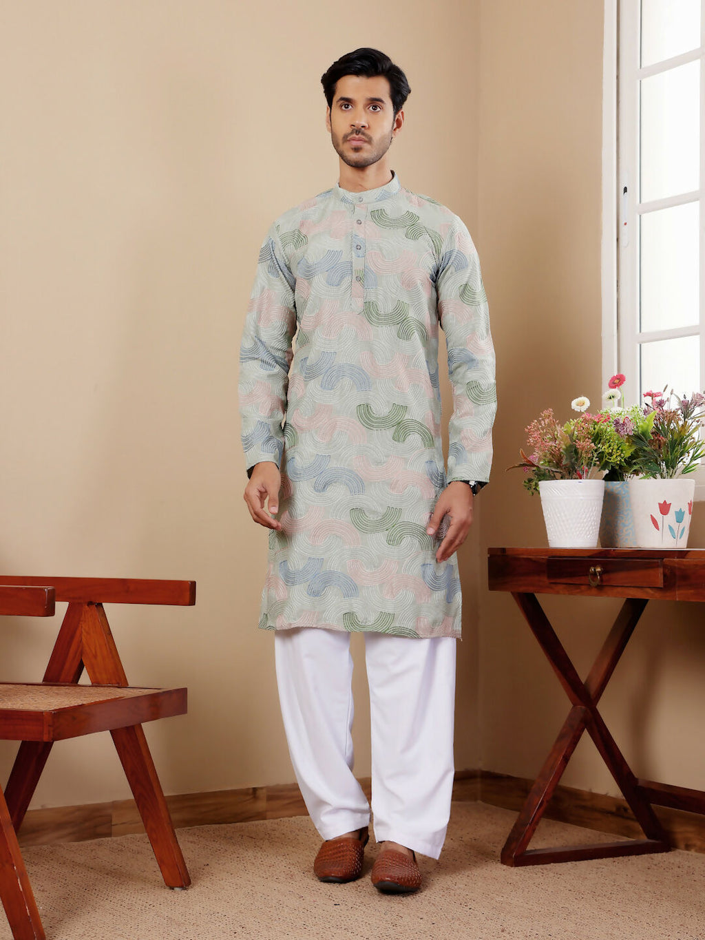 Pistel Green Linen Designer Embroidery Work Men's Rajwadi Kurta Set - Mahotsav
