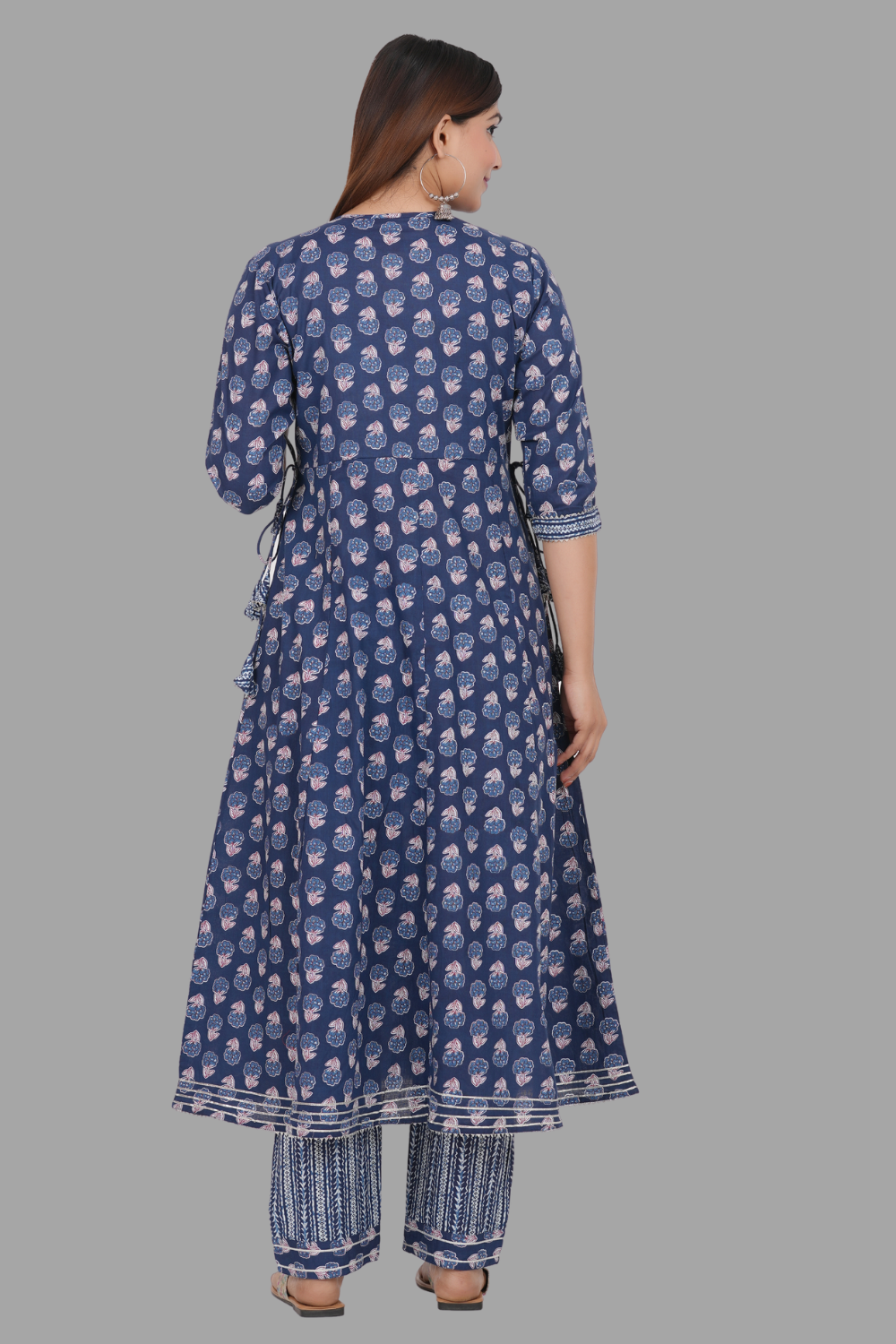 House of RP Women's Blue Cotton Floral Yoke Embroidered Anarkali Kurta & Pant Set