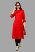House of RP Women's Red Rayon Solid Frontslit Straight Kurta