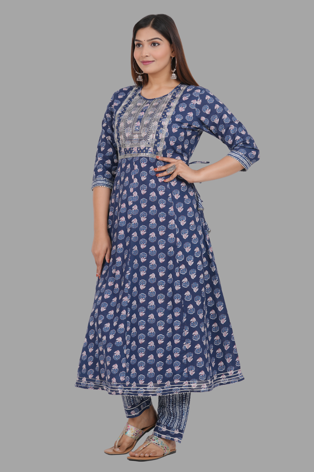 House of RP Women's Blue Cotton Floral Yoke Embroidered Anarkali Kurta & Pant Set