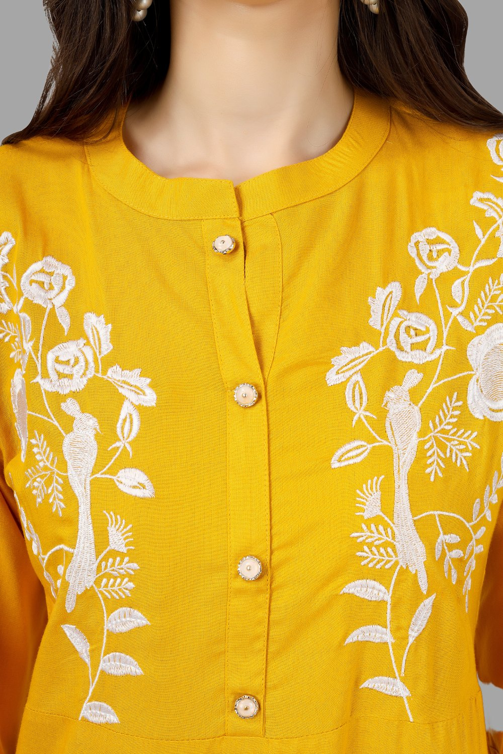 House of RP Women's Yellow Rayon Chicken Embroidered Straight Kurta