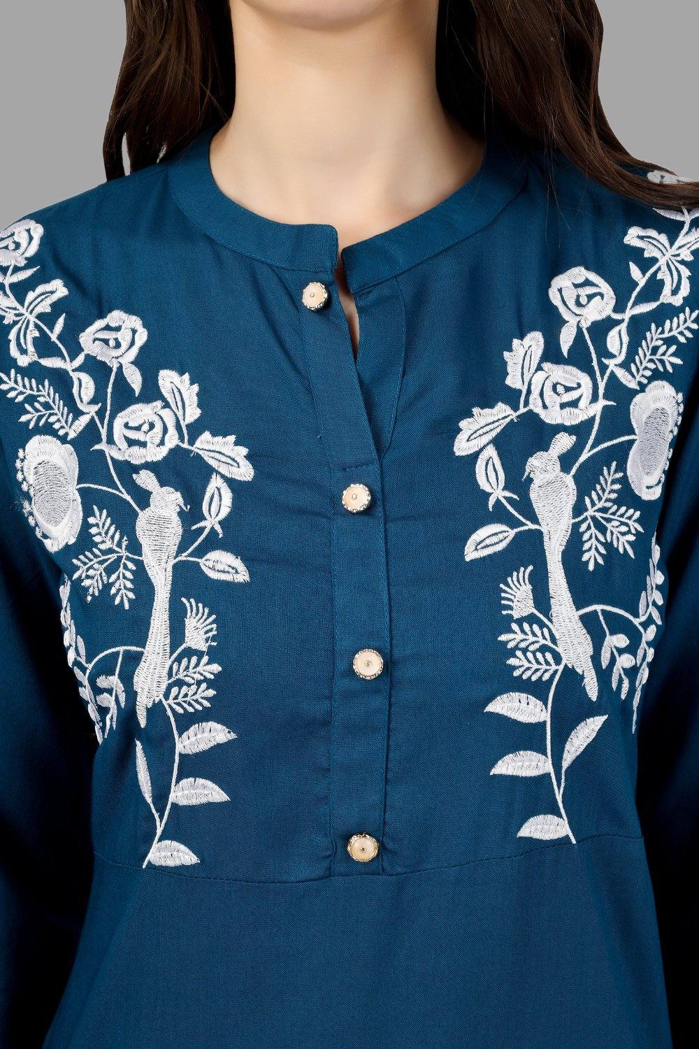 House of RP Women's Light Blue Rayon Chicken Embroidered Straight Kurta