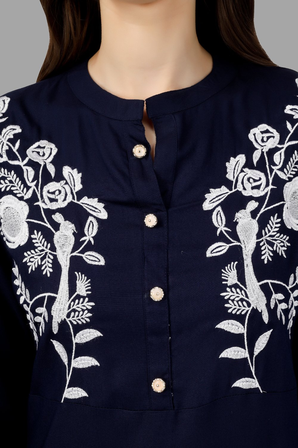 House of RP Women's Blue Rayon Chicken Embroidered Straight Kurta