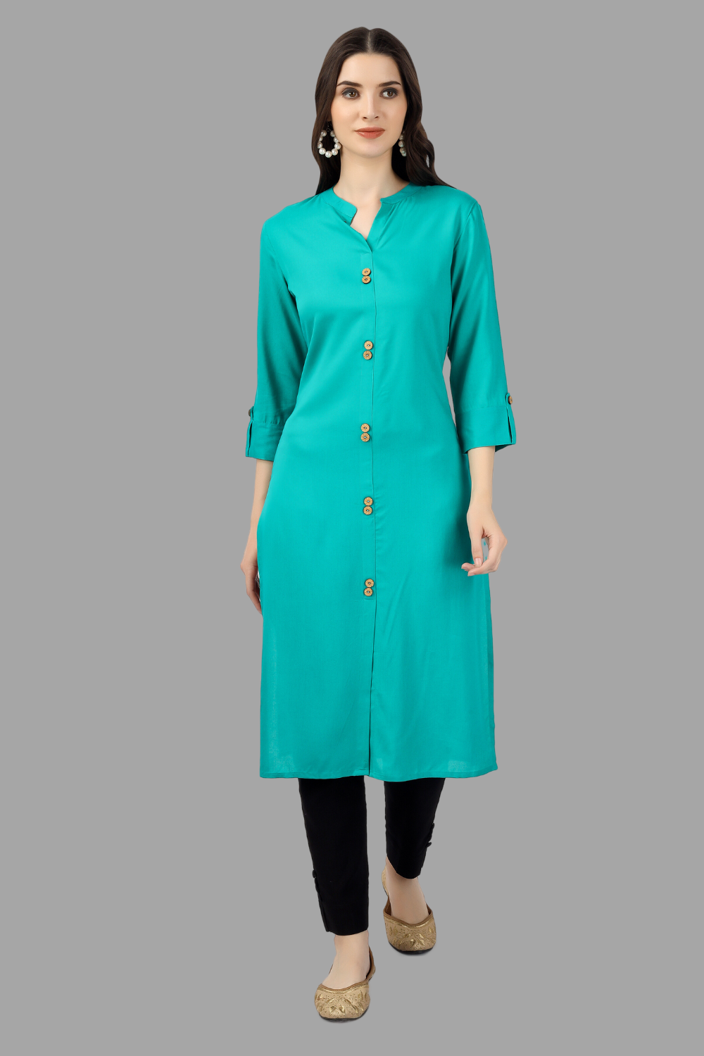 House of RP Women's Turquoise Rayon Solid Frontslit Straight Kurta