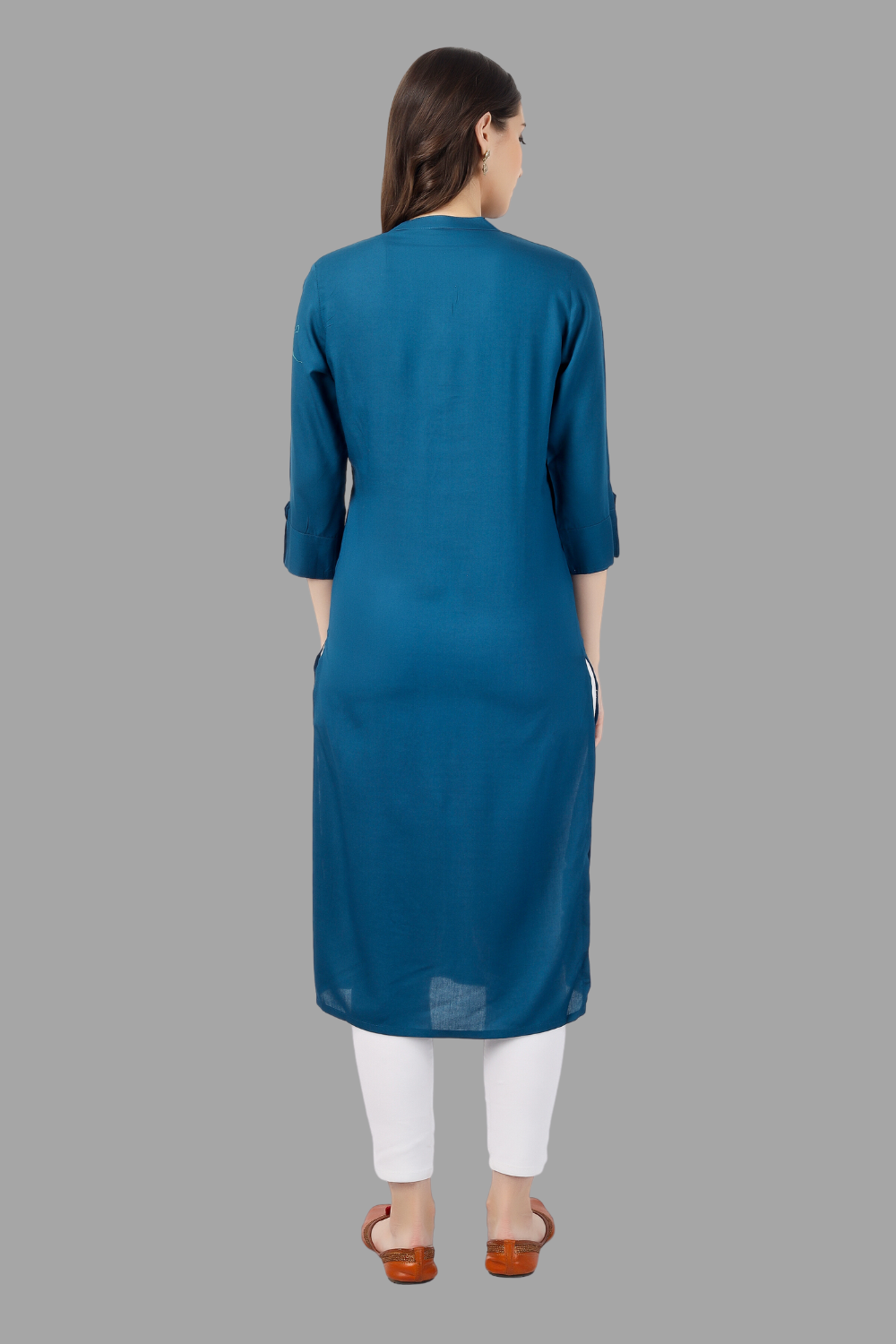House of RP Women's Light Blue Rayon Chicken Embroidered Straight Kurta