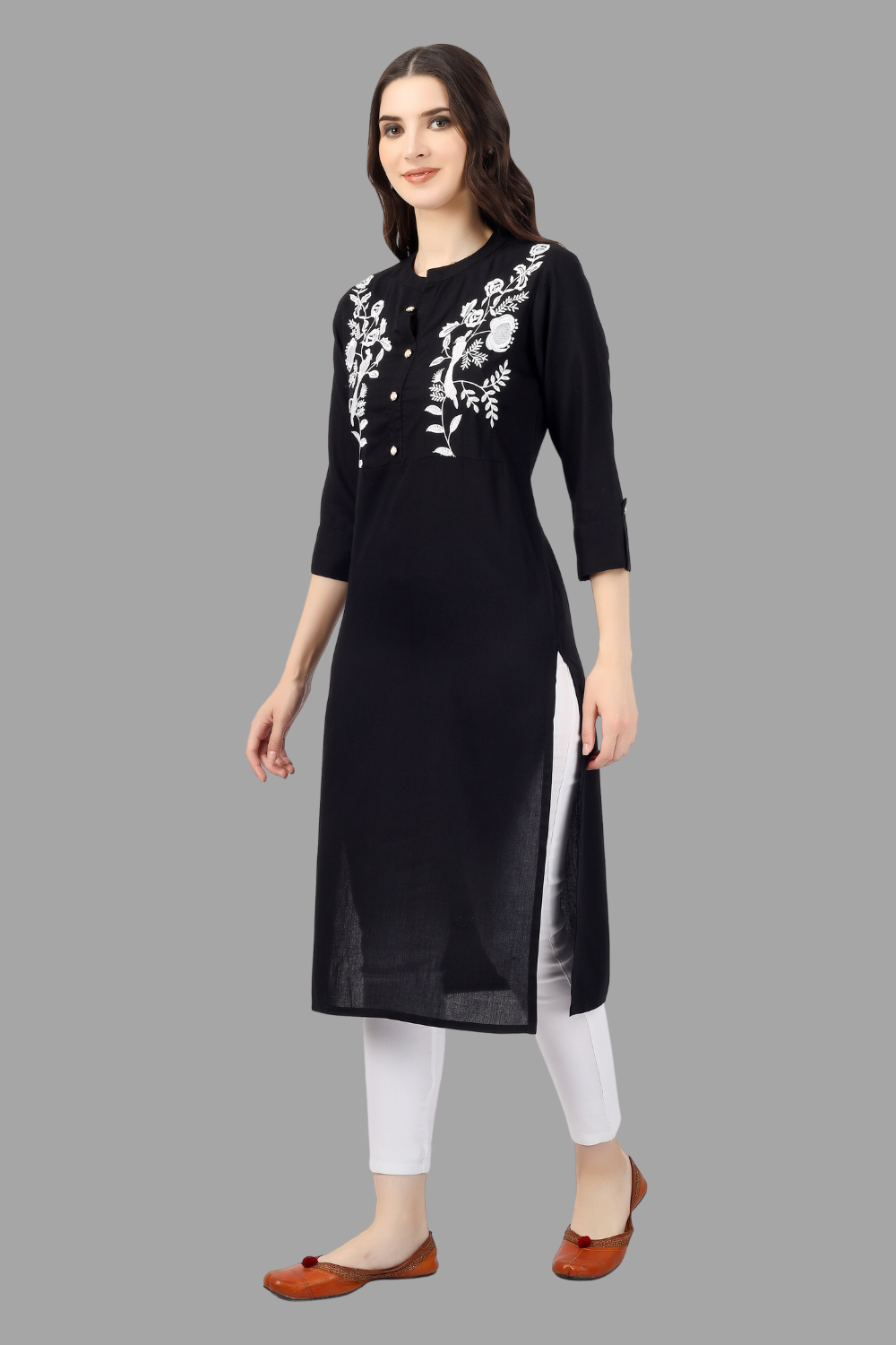 House of RP Women's Black Rayon Chicken Embroidered Straight Kurta