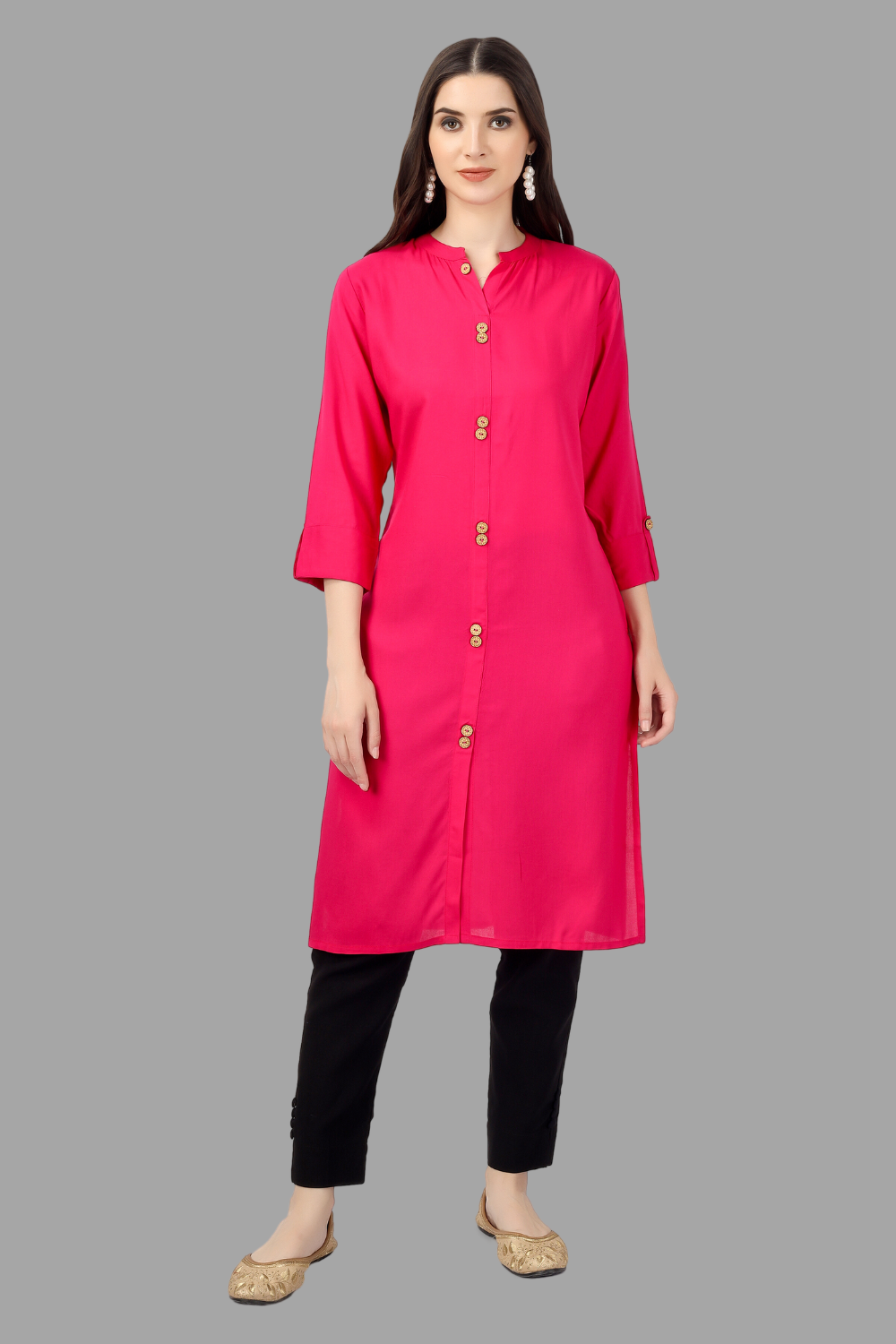 House of RP Women's Pink Rayon Solid Frontslit Straight Kurta