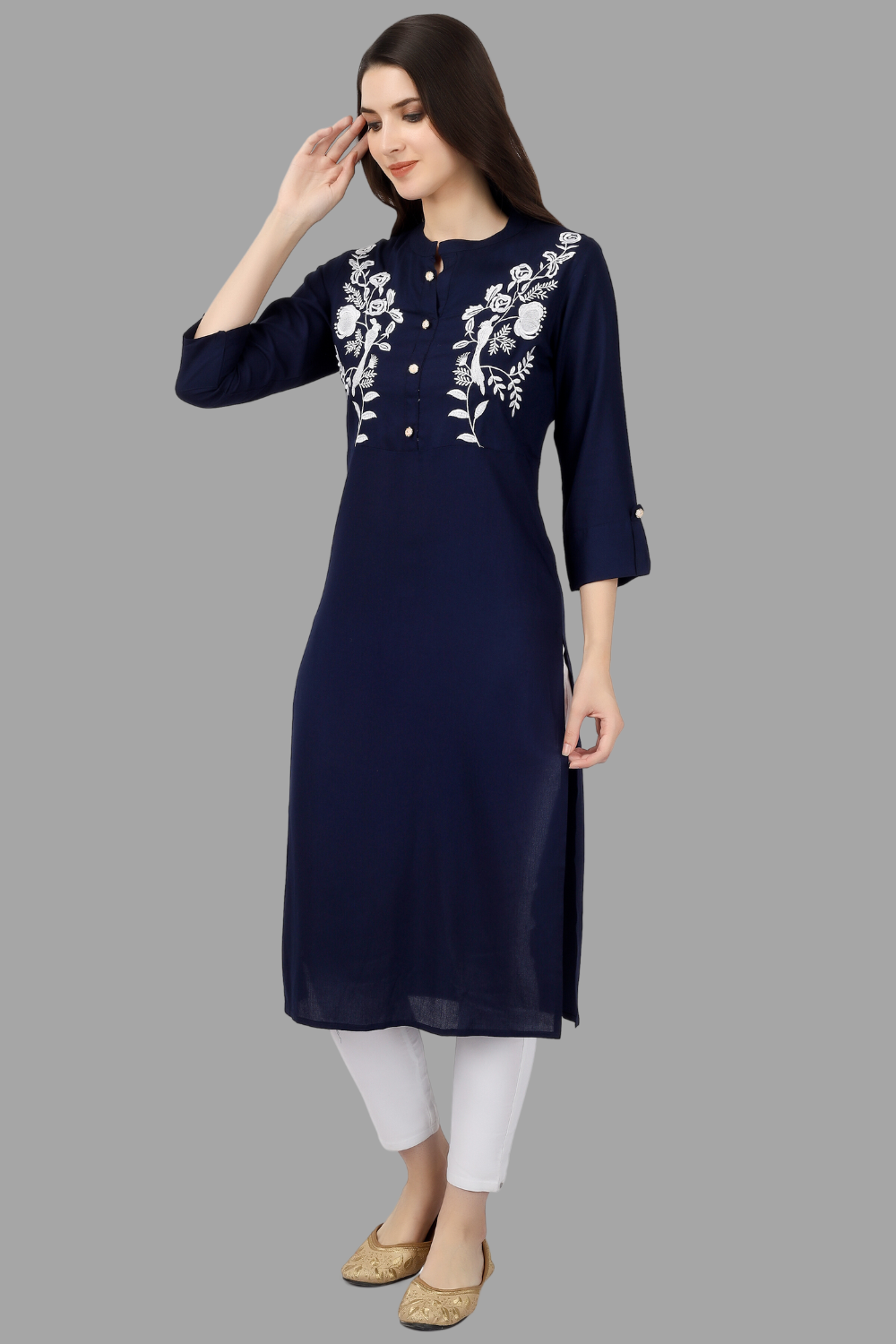 House of RP Women's Blue Rayon Chicken Embroidered Straight Kurta