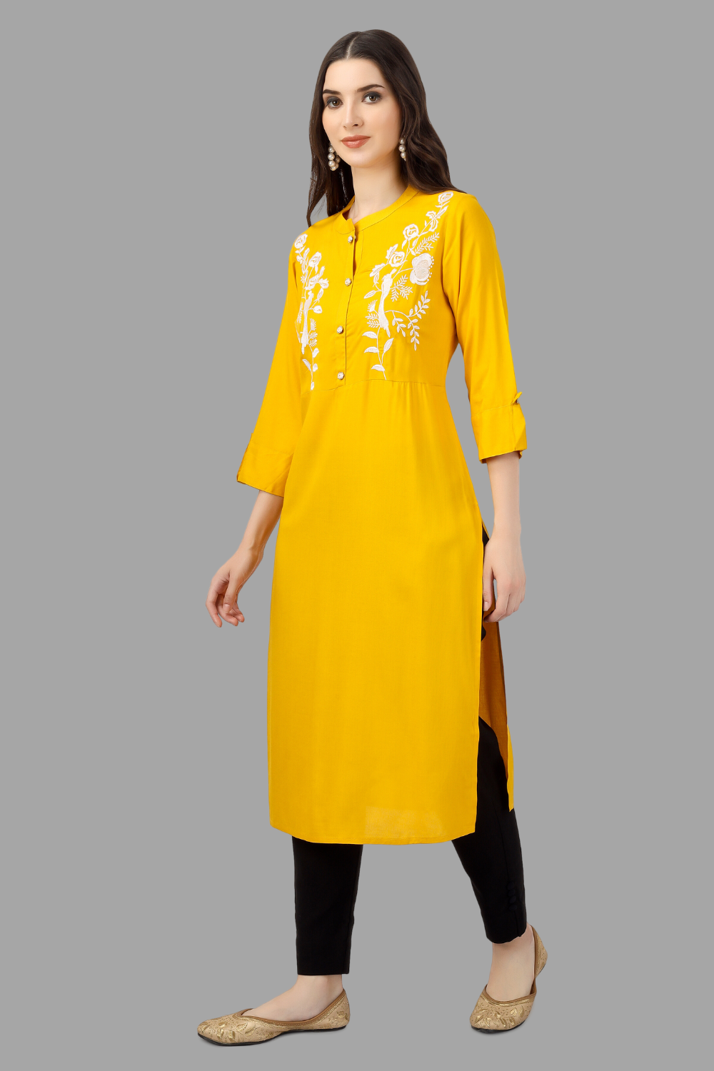 House of RP Women's Yellow Rayon Chicken Embroidered Straight Kurta