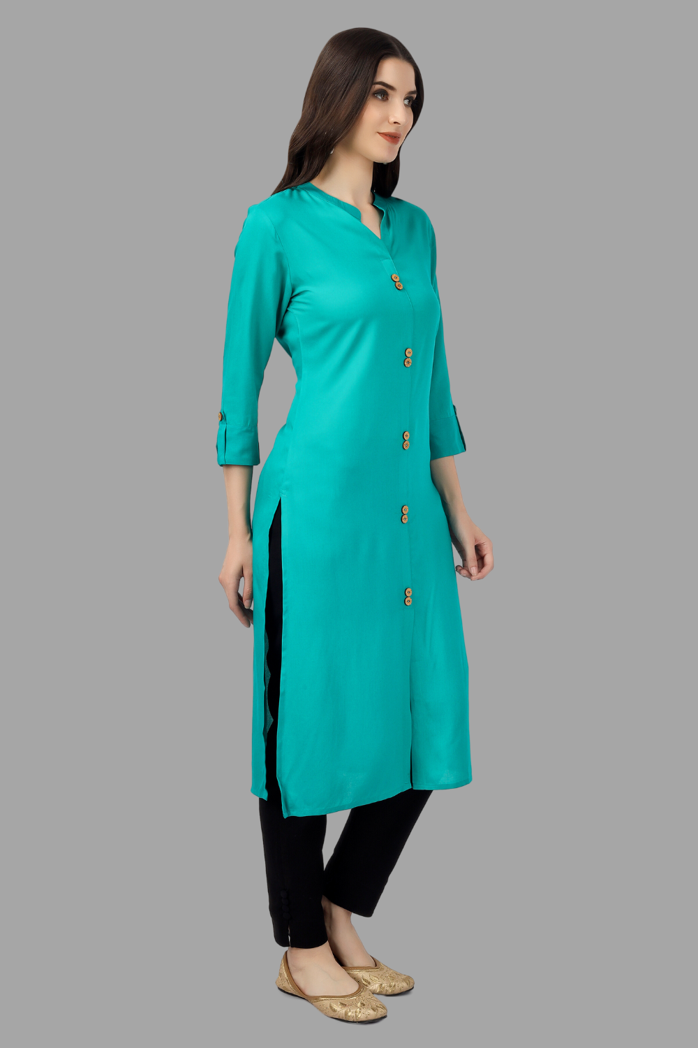 House of RP Women's Turquoise Rayon Solid Frontslit Straight Kurta